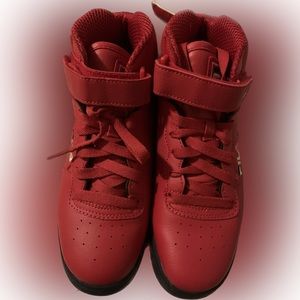 Kid’s Red and Navy FILA high top sneakers. Big kids Size 5.5
